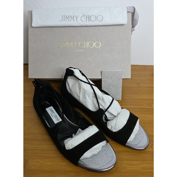 JIMMY CHOO Vernie Black Suede Lace Up Ballet Flat Shoes Size 38.5 - Picture 16 of 16